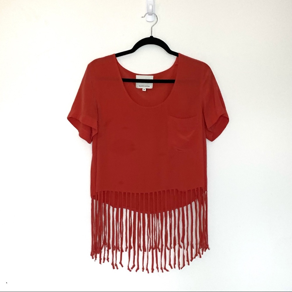 Vintage Madison Marcus Silk Short Sleeve Cropped Tee Blouse w/ Fringe Hem
